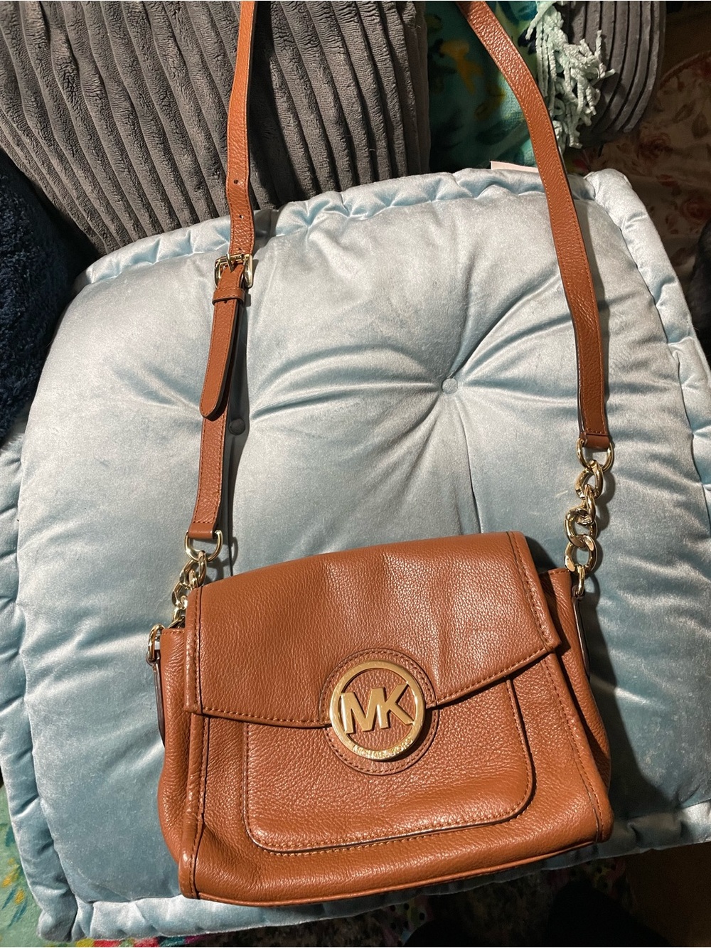 Michael Kors Brown Leather MK Logo Crossbody with Gold Hardware